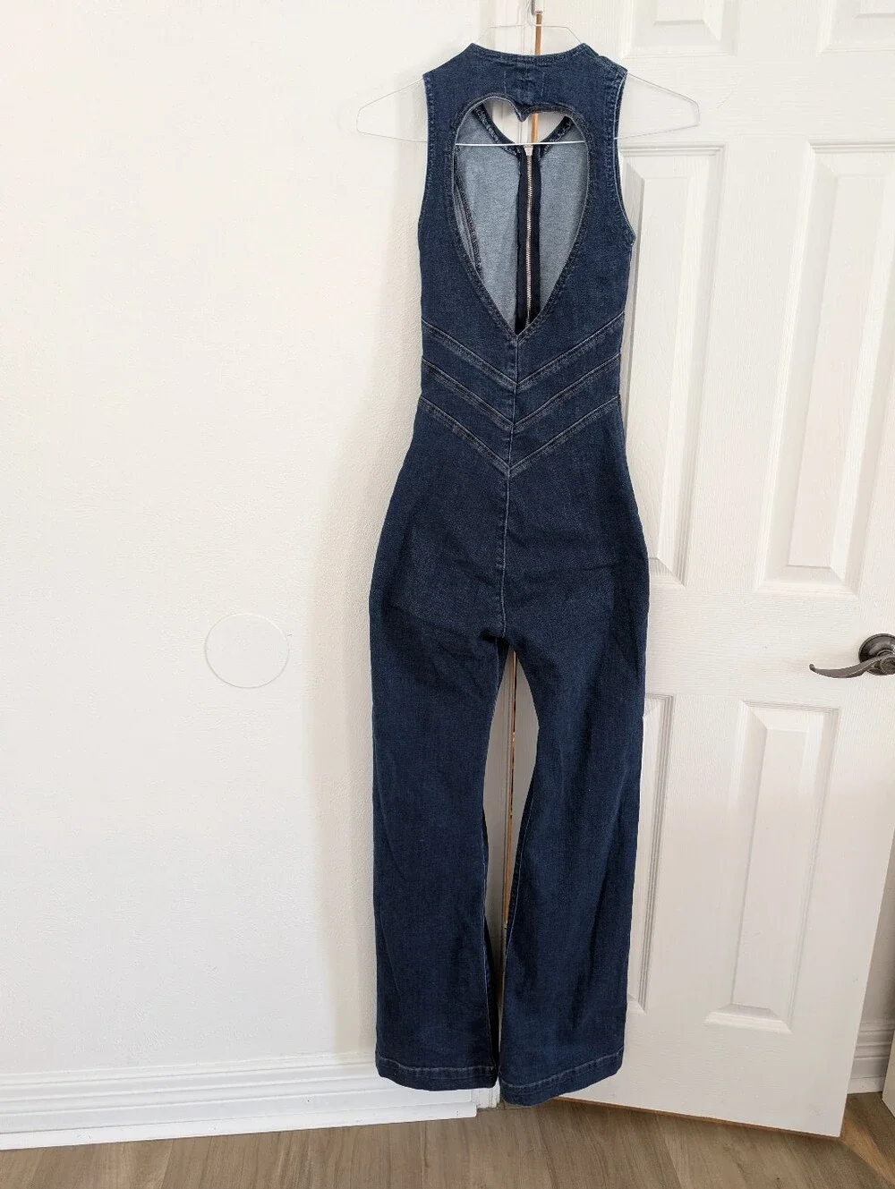Revice Hollywood Heartthrob Denim Jumpsuit Heart Cutout Zip Front Flare Jeans